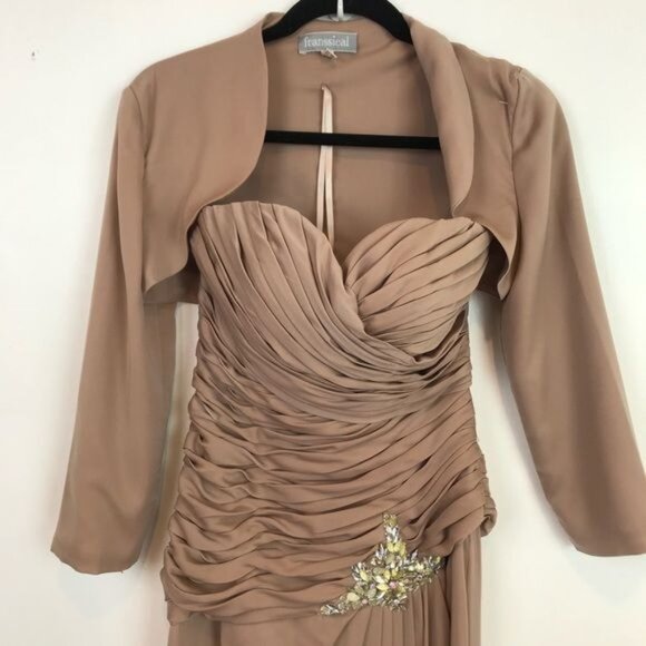 Franssical A-Line mother of bride dress & Bolero jacket tan color size 6 - Picture 4 of 16